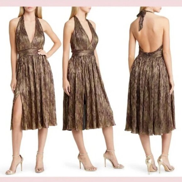 Dress The Population Kairi Gold Bronze Metallic Halter Dress